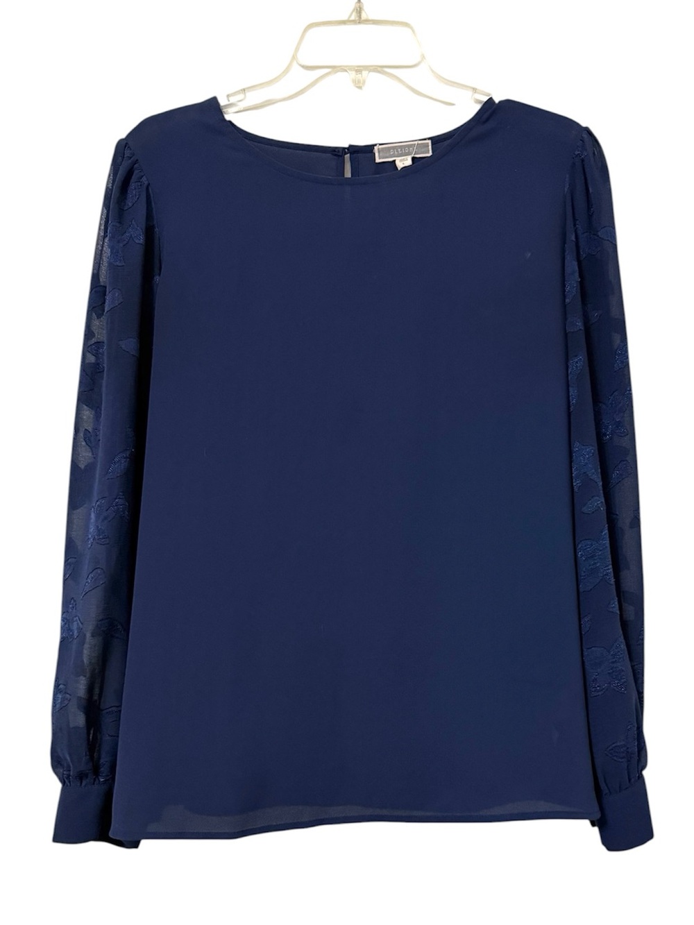 Pleione Navy Sheer-Panel Long Sleeve Blouse